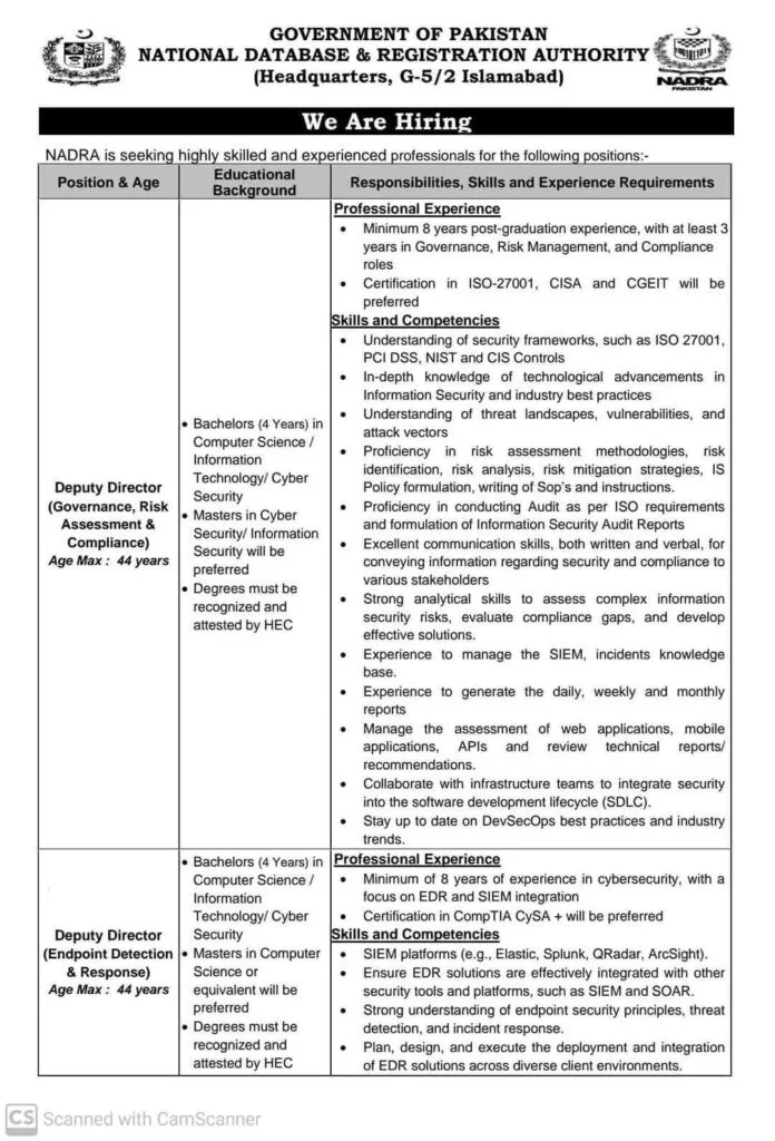 NADRA Jobs Advertisement 2024 for Assistant Directors and Deputy Directors