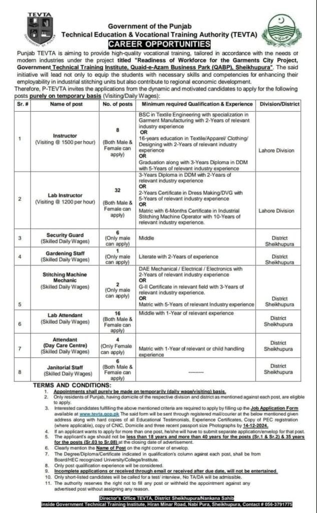 Punjab TEVTA Jobs December 2024 Advertisement